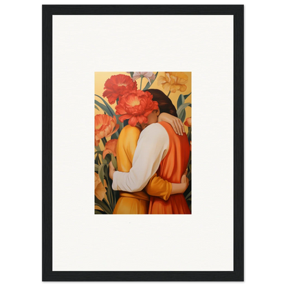 Framed canvas print of an embracing couple in vibrant flowers, perfect for intimate liquescence room decoration