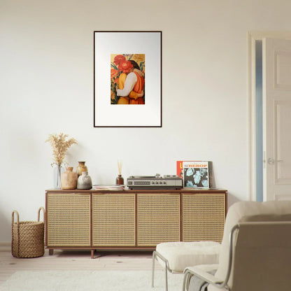 Rattan-fronted sideboard with intimate liquescence decor and canvas print above
