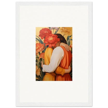 Framed canvas print of an embracing couple with red flowers for intimate liquescence room decoration
