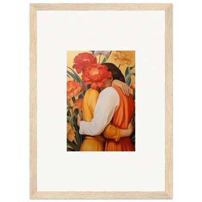 Framed canvas print of an embracing couple in colorful intimate liquescence for room decoration