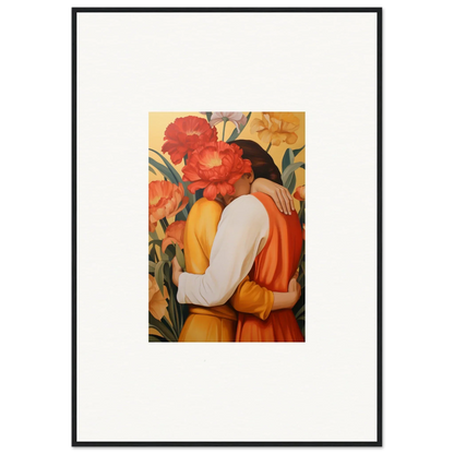 Framed canvas print of an embracing couple in vibrant flowers for room decoration