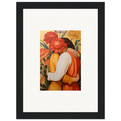 Framed canvas print of an embracing couple in vibrant flowers for room decoration