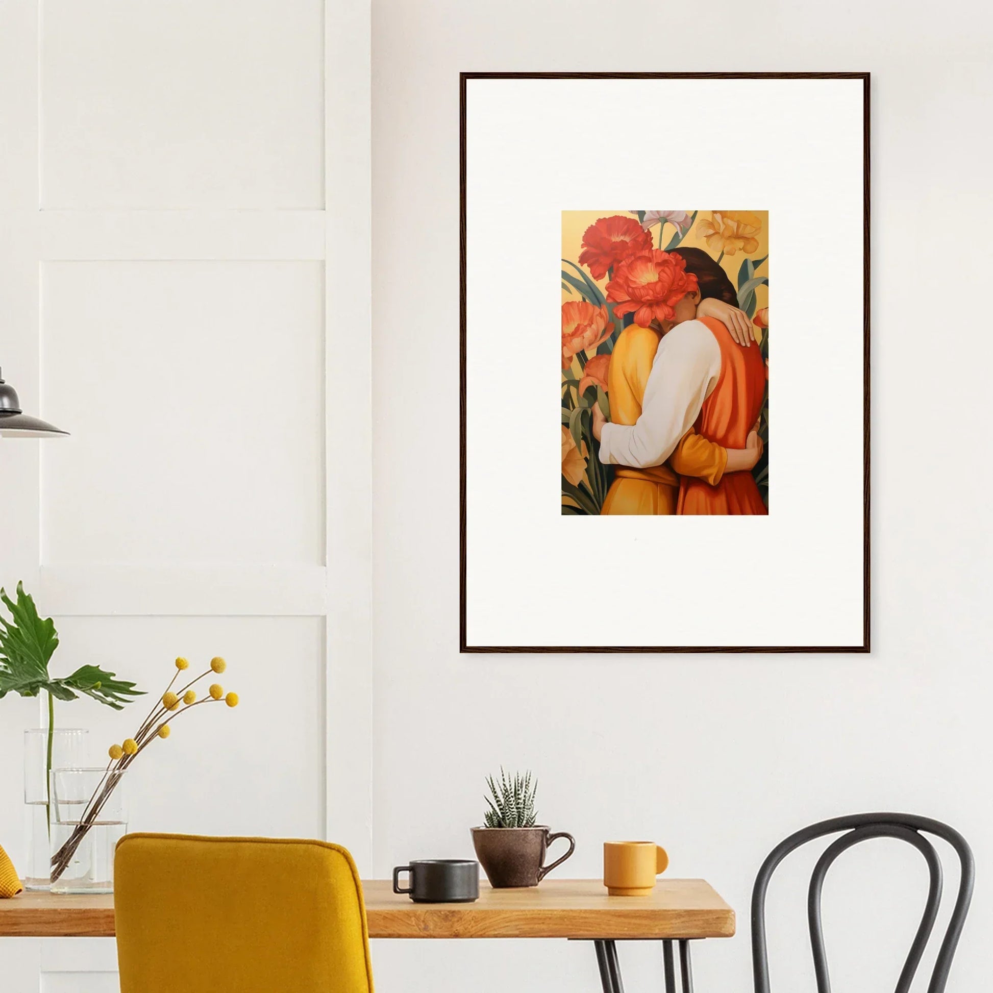 Framed canvas print of a couple embracing in warm colors, perfect for intimate liquescence room decoration