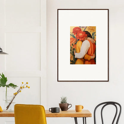 Framed canvas print of a couple embracing in warm colors, perfect for intimate liquescence room decoration