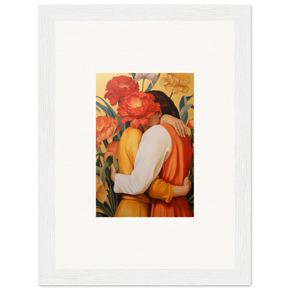 Framed canvas print of an intimate liquescence couple among vibrant flowers for room decoration