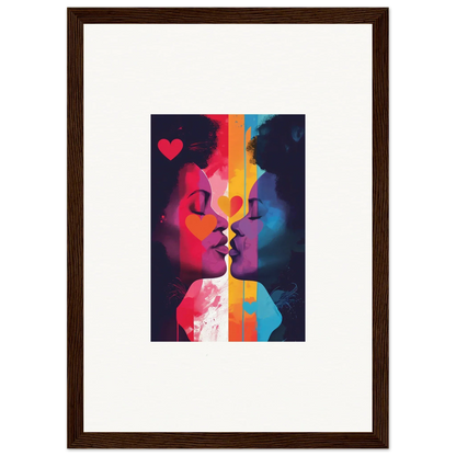 Framed canvas print of colorful silhouettes kissing, perfect for room decoration, realms embrace