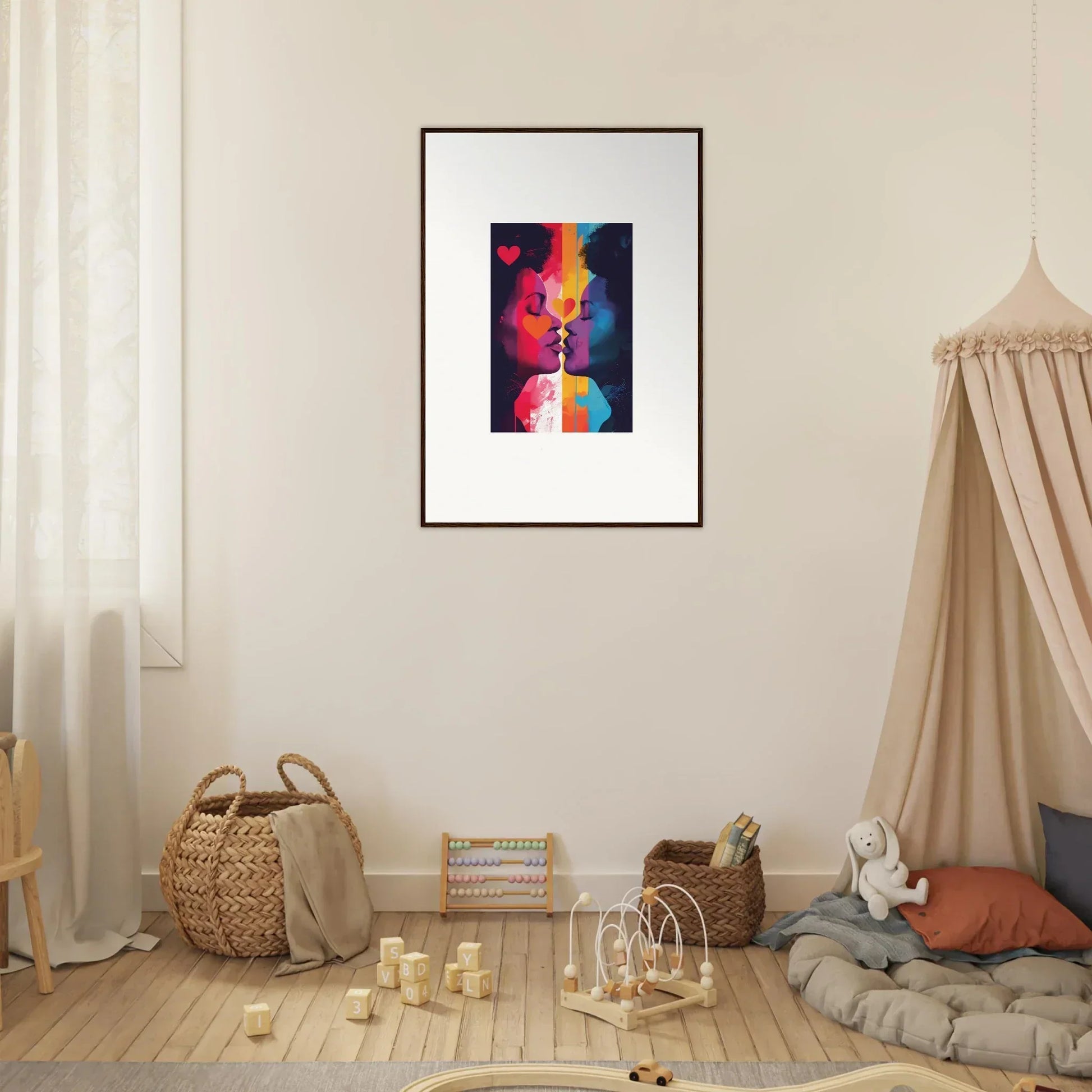 Framed abstract artwork in vibrant colors for room decoration, Colour Realms Embrace canvas print