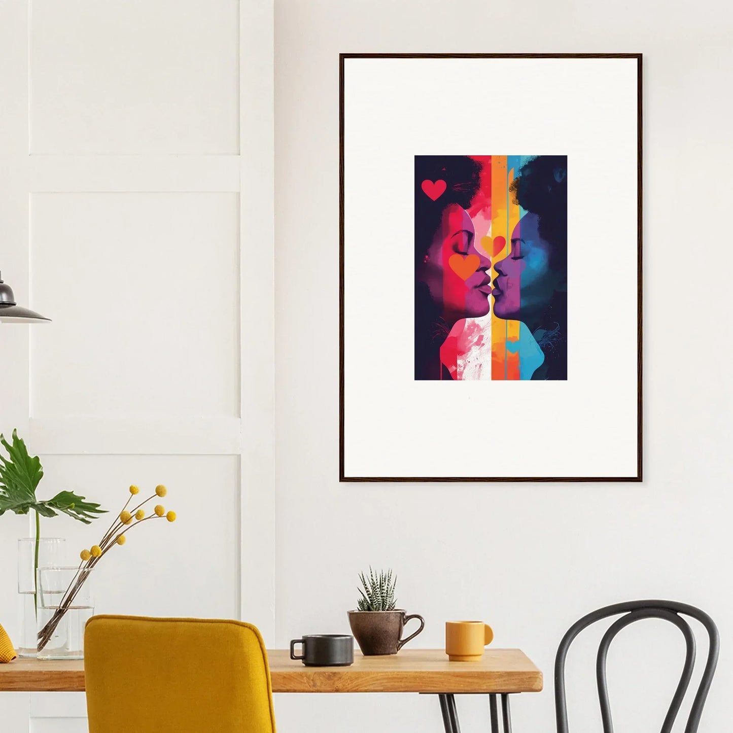 Vibrant canvas print of silhouetted profiles in Colour Realms Embrace for room decoration