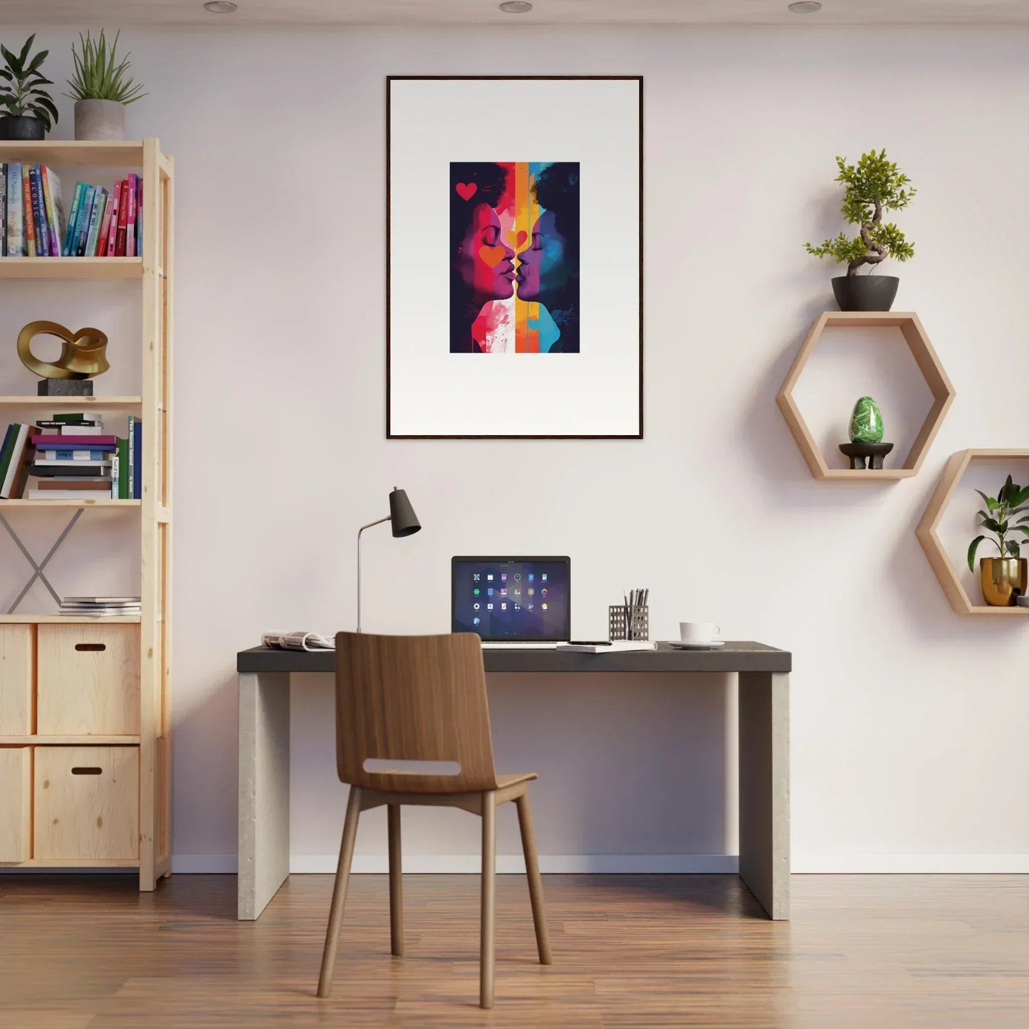 Modern home office with desk and chair, featuring realms embrace canvas print decor