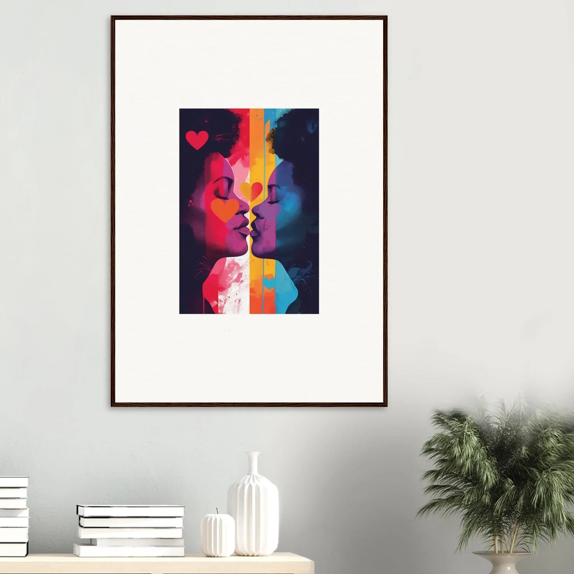 Vibrant canvas print of abstract faces kissing, perfect for your Colour Realms Embrace decor