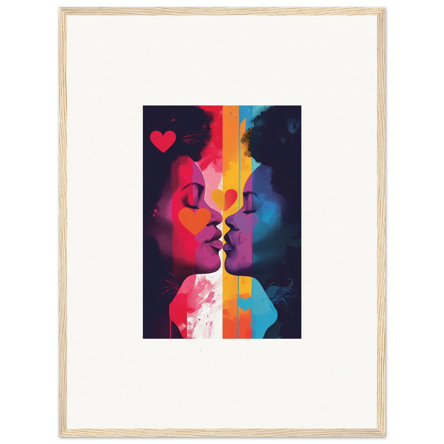 Colorful abstract painting of two silhouettes kissing, perfect for room decoration as a canvas print