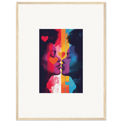 Colorful abstract painting of two silhouettes kissing, perfect for room decoration as a canvas print