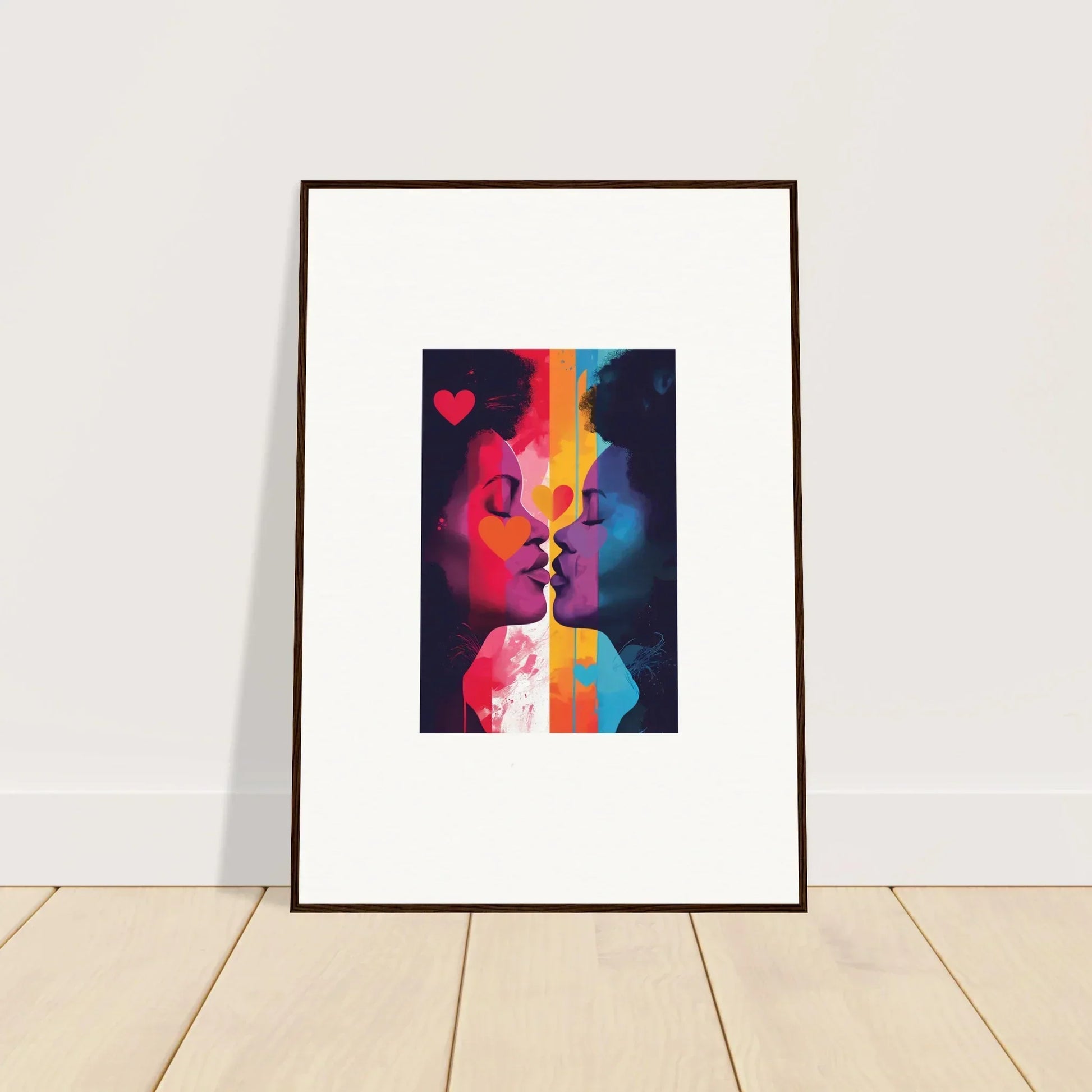 Framed canvas print of abstract faces in vibrant colors for room decoration, realms embrace