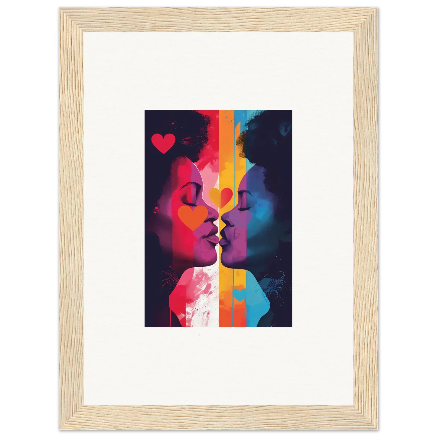 Framed canvas print of colorful silhouettes kissing for room decoration in Realms Embrace