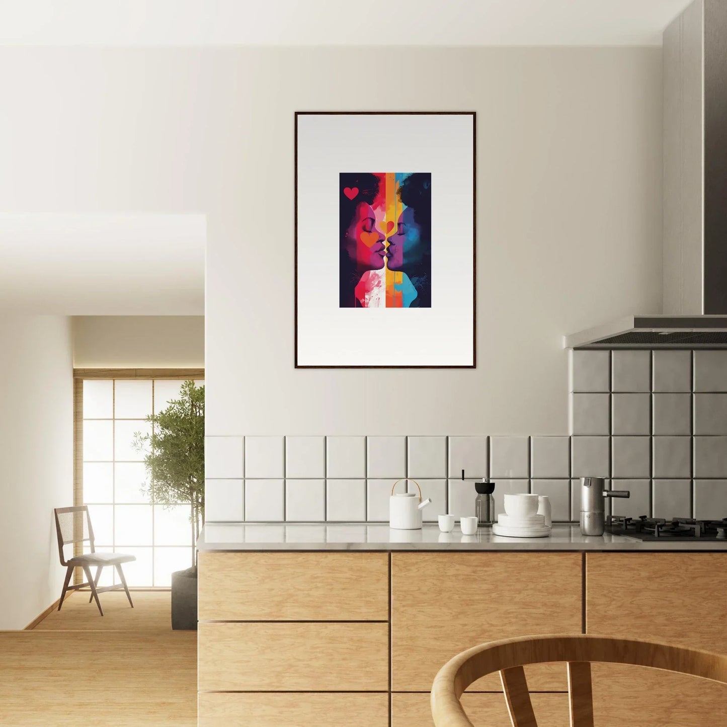 Framed colorful abstract portrait on a white wall for vibrant room decoration