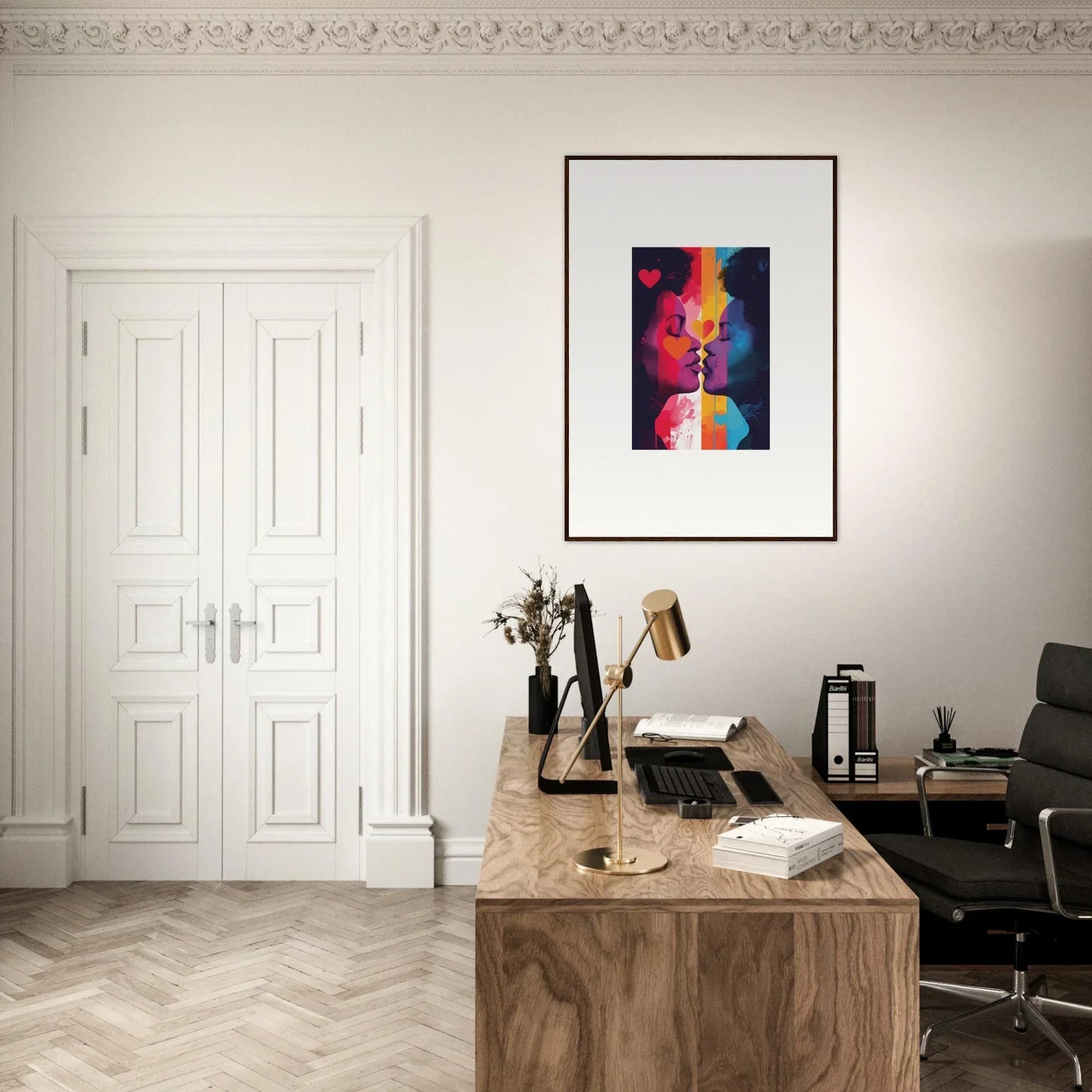 Elegant home office featuring a wooden desk and Colour Realms Embrace canvas print