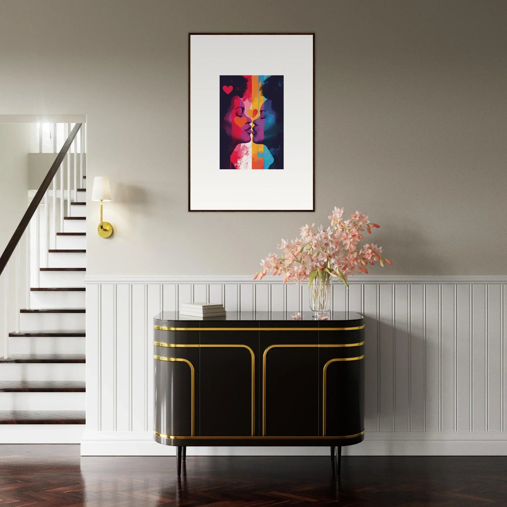 Colorful abstract portrait for room decoration above a black and gold sideboard