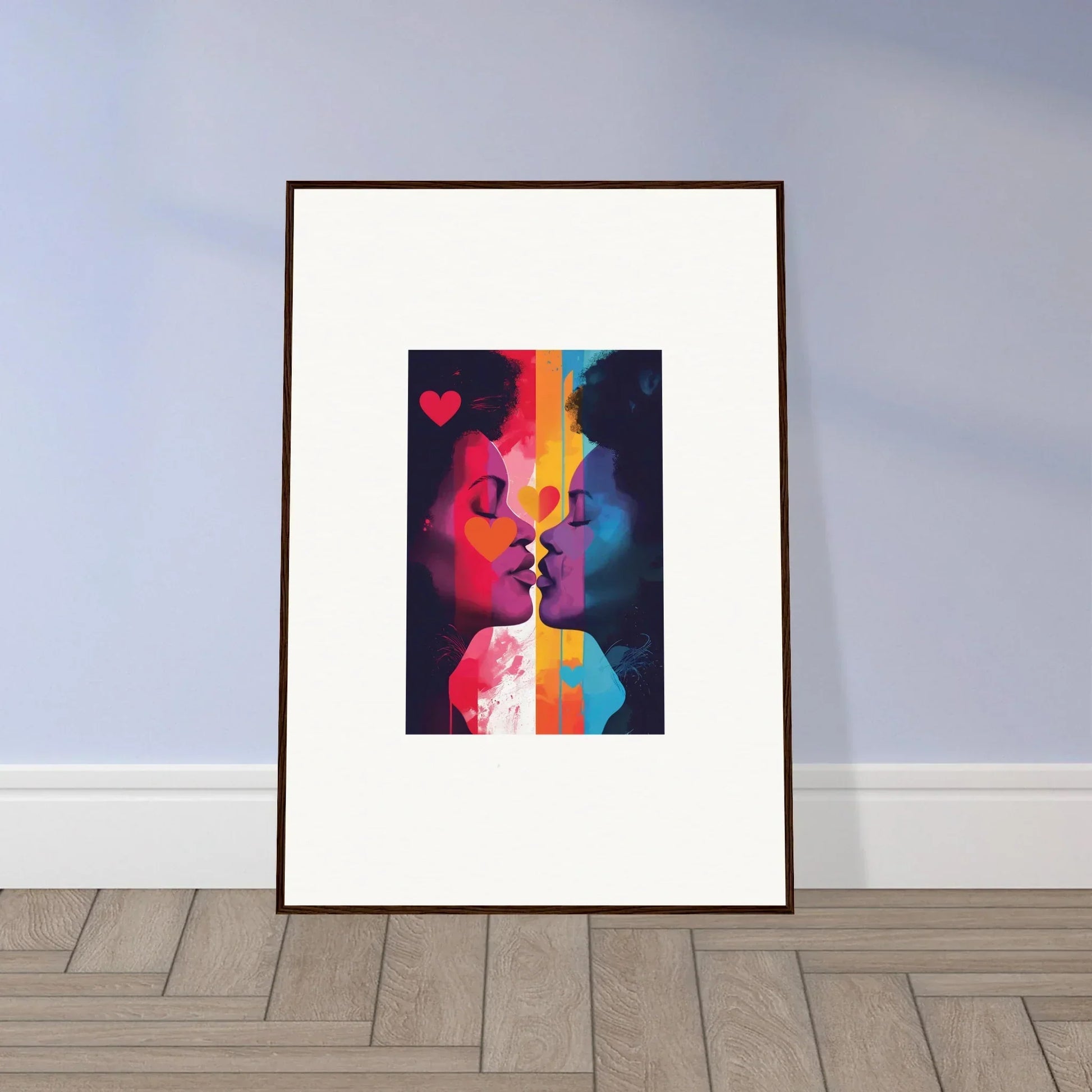 Framed canvas print of Colour Realms Embrace depicting colorful silhouettes with a heart