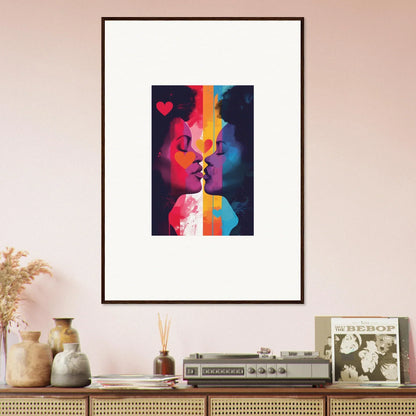 Colorful silhouettes about to kiss in a framed canvas print for room decoration