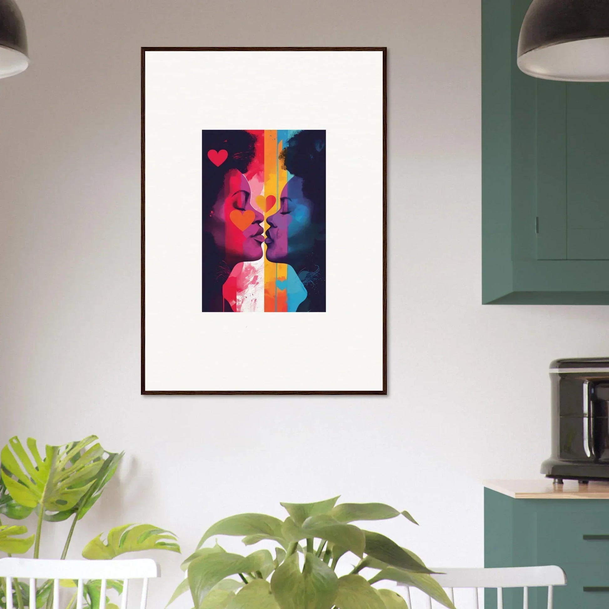 Colorful abstract canvas print of two faces about to kiss for romantic room decoration