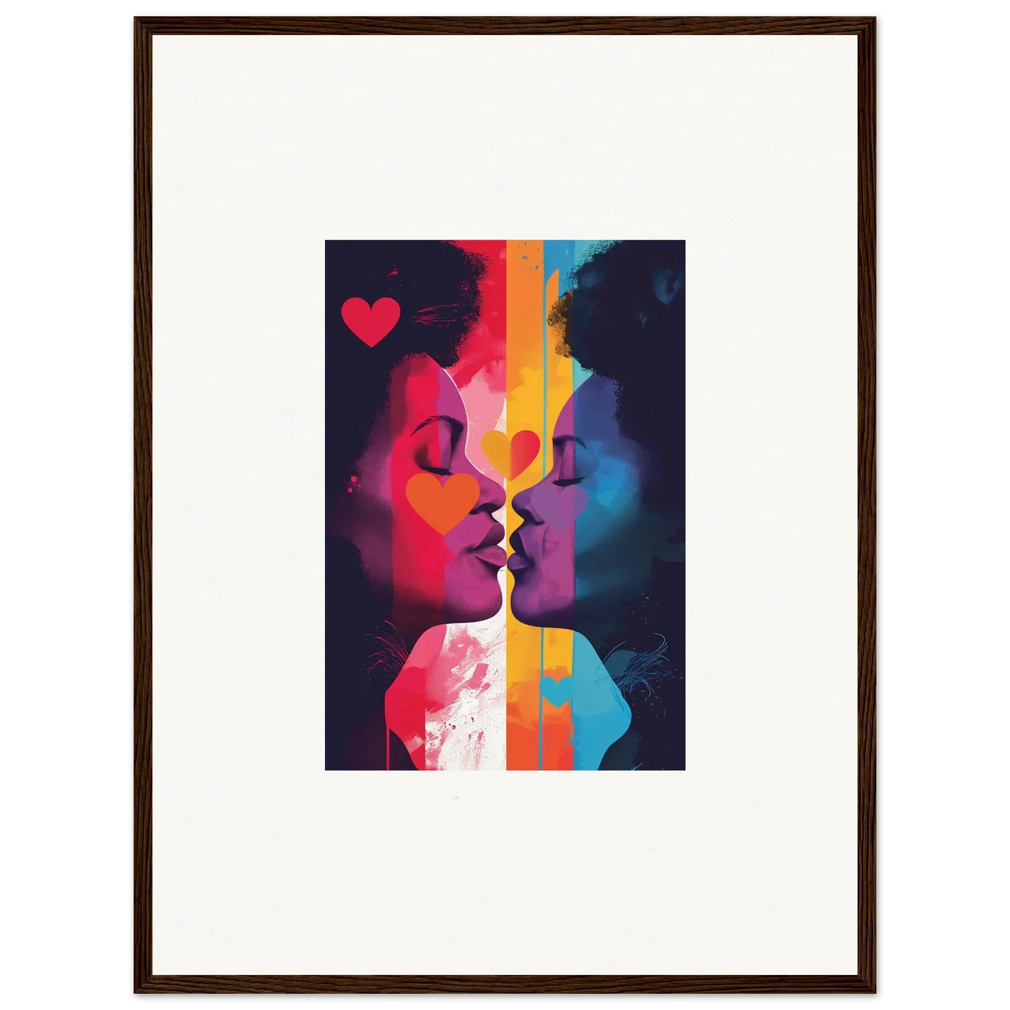 Colorful abstract canvas print of silhouettes kissing, perfect for Room Decoration in Colour Realms Embrace