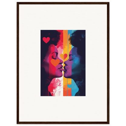 Colorful abstract canvas print of silhouettes kissing, perfect for Room Decoration in Colour Realms Embrace