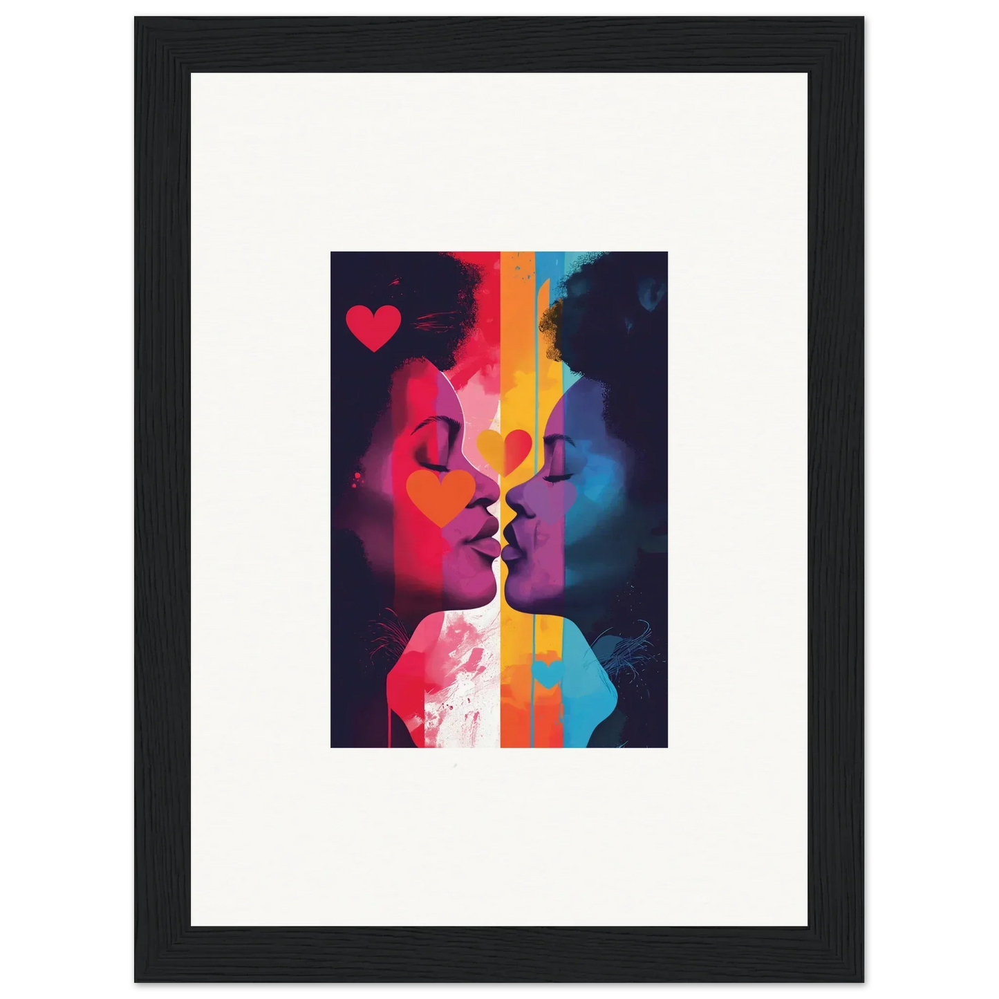 Framed canvas print of colorful silhouettes kissing, perfect for realms embrace room decoration