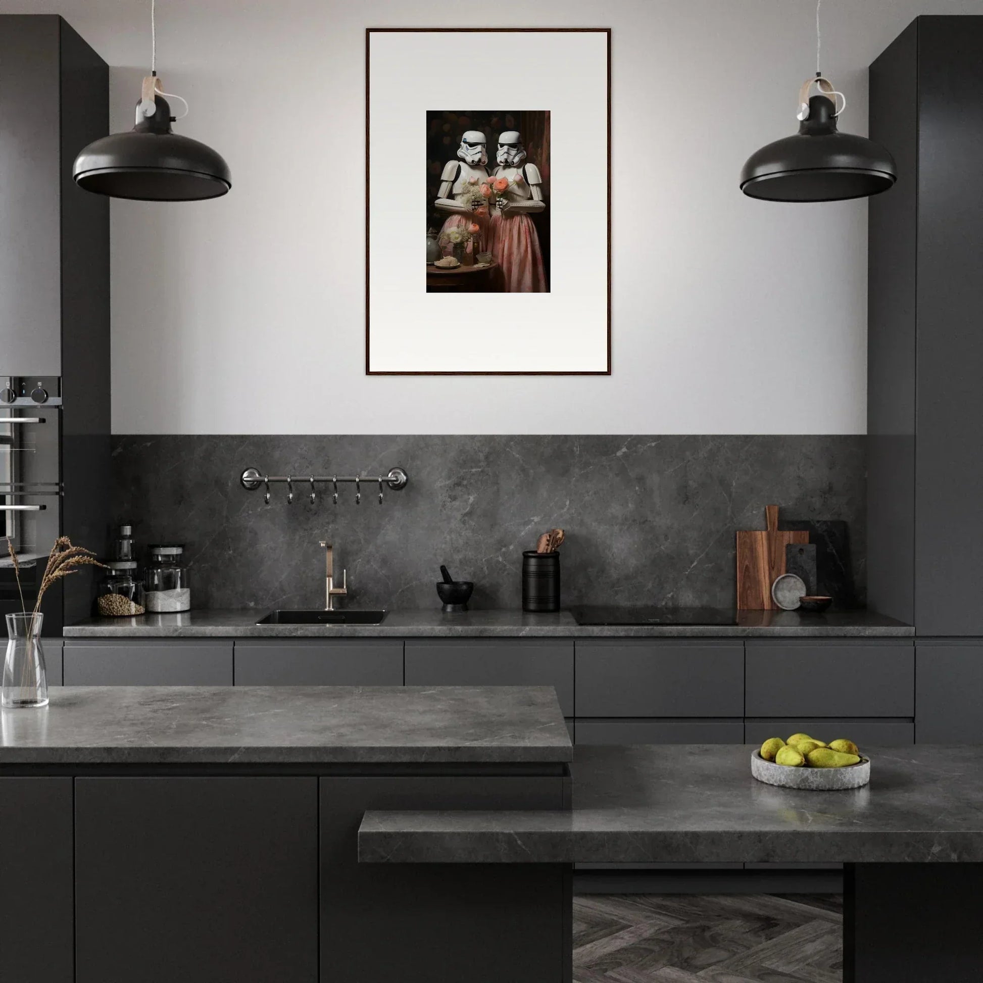 Modern dark gray kitchen featuring premium framed wall art and industrial pendant lights