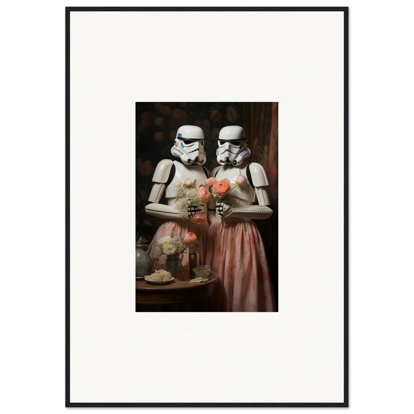 Two Stormtroopers in pink vintage dresses holding flowers in special edition art™