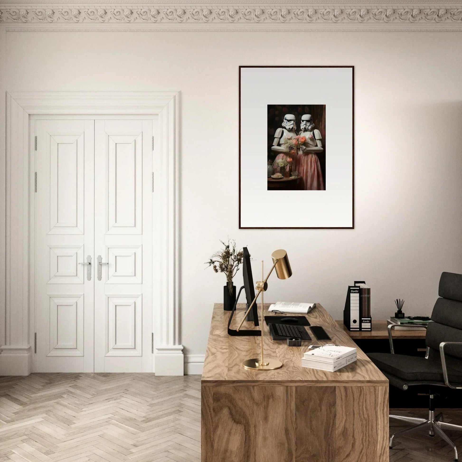 Wooden desk with a vintage typewriter in the Corridors of Fantasy premium framed wall art