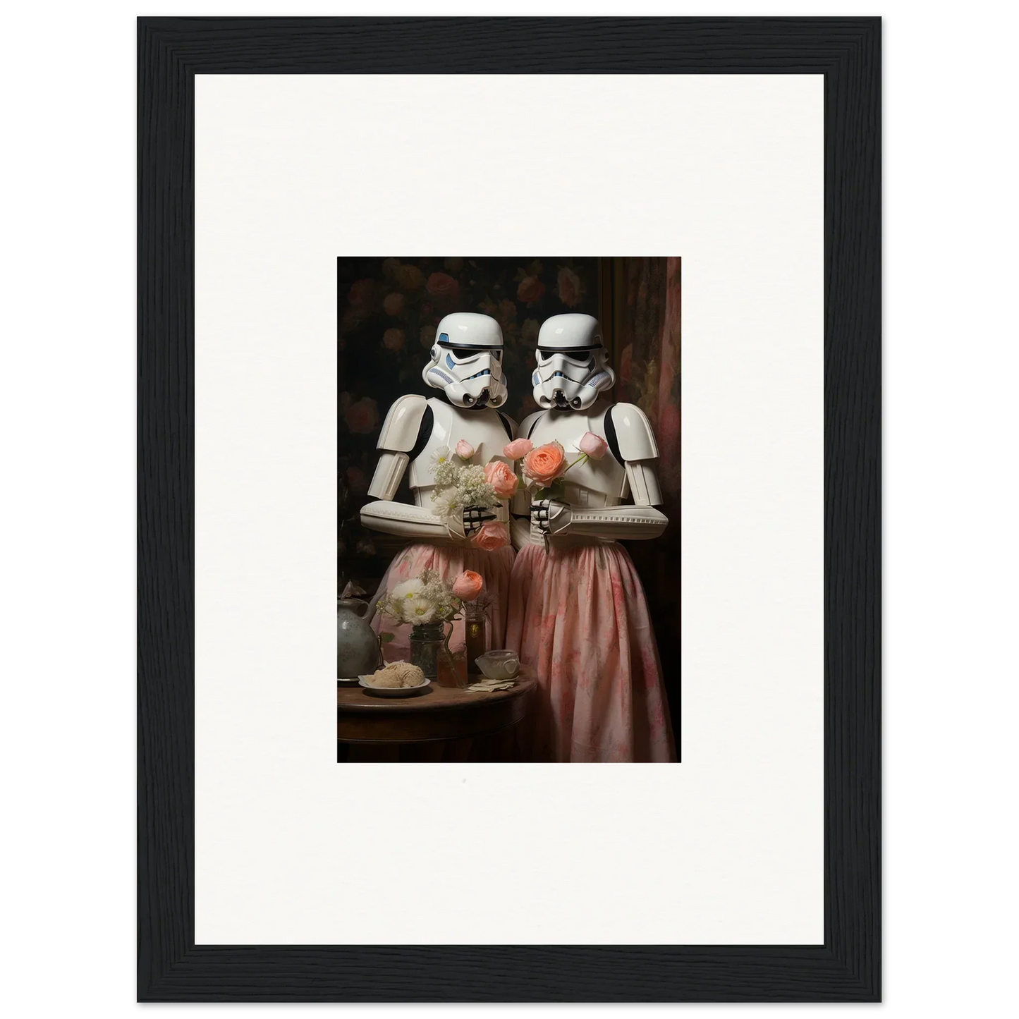 Framed wall art of two Stormtroopers in a vintage romantic portrait with flowers