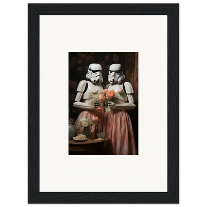 Framed wall art of two Stormtroopers in a vintage romantic portrait with flowers