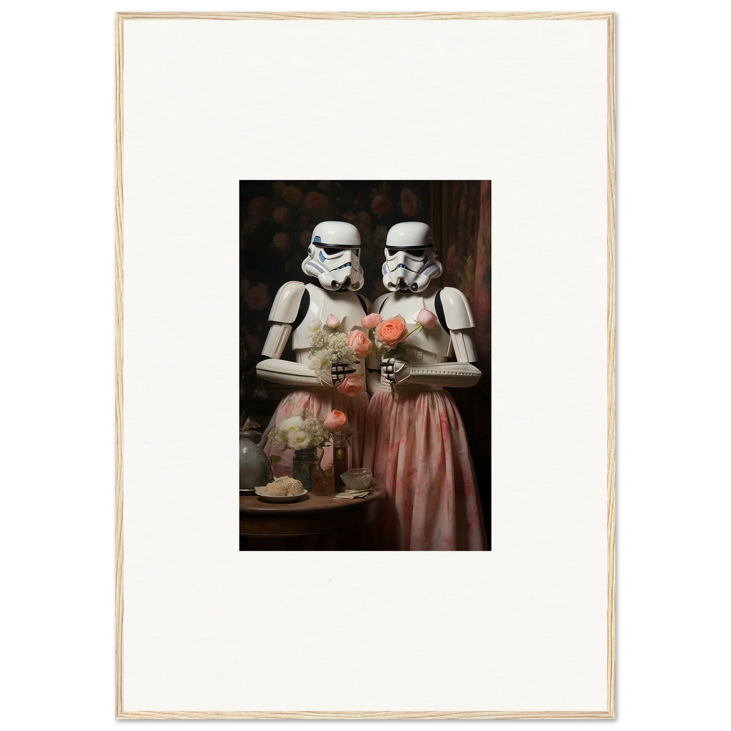 Two Stormtroopers in a vintage portrait holding flowers, perfect for premium framed wall art