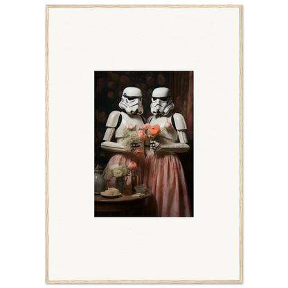 Two Stormtroopers in a vintage portrait holding flowers, perfect for premium framed wall art