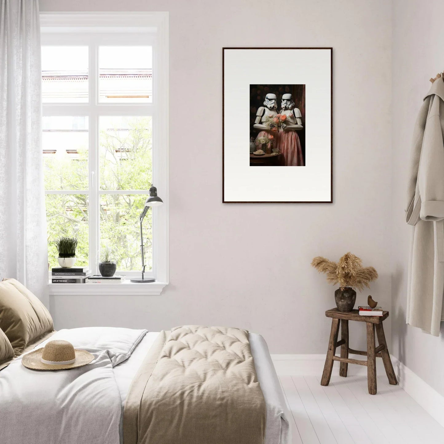 Minimalist bedroom with pale pink walls and white bedding featuring Corridors of Fantasy premium framed wall art