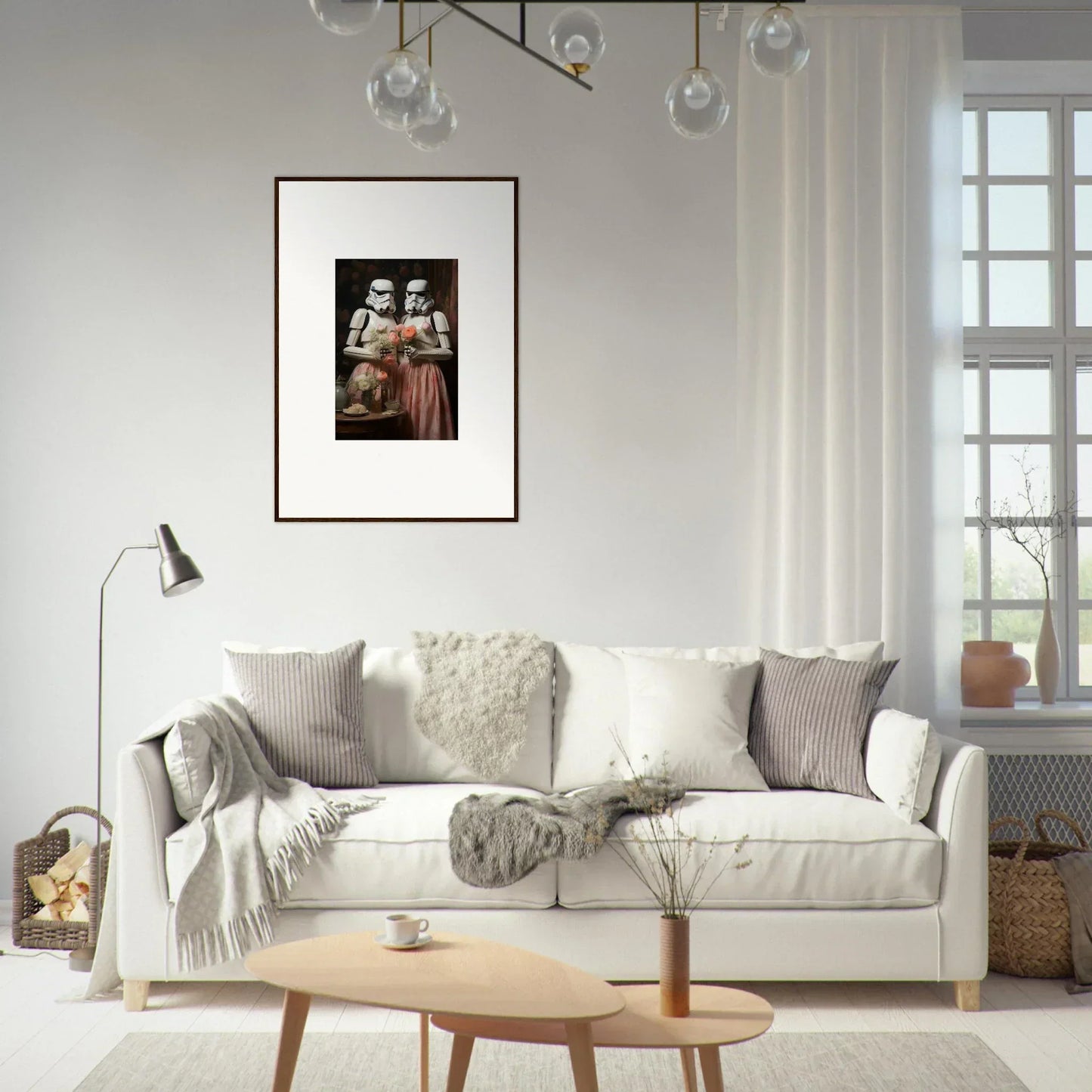 Cozy White Upholstered Sofa with Gray Pillows, perfect for Corridors of Fantasy special edition art™