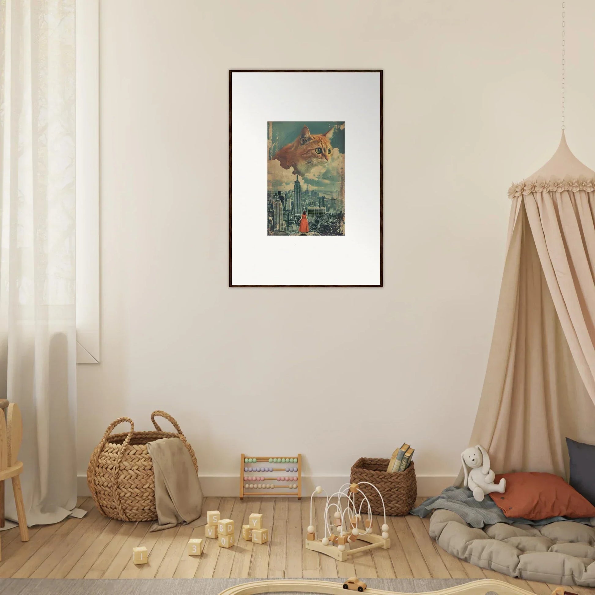 Framed wall art of a cat’s face over a cityscape enhances room decor with cat visions