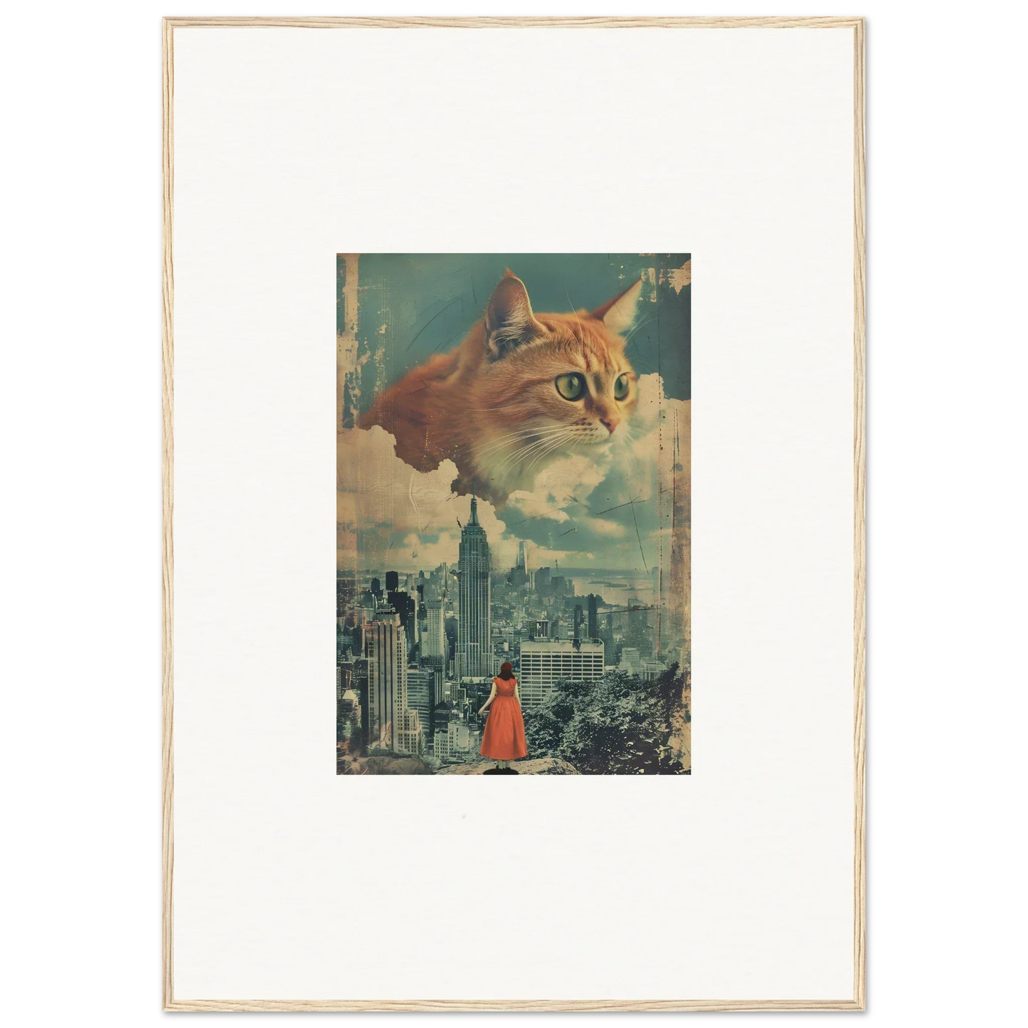 Surreal collage of a giant cat’s head over a city, perfect for cat visions room decor