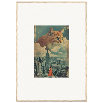 Surreal collage of a giant cat’s head over a city, perfect for cat visions room decor