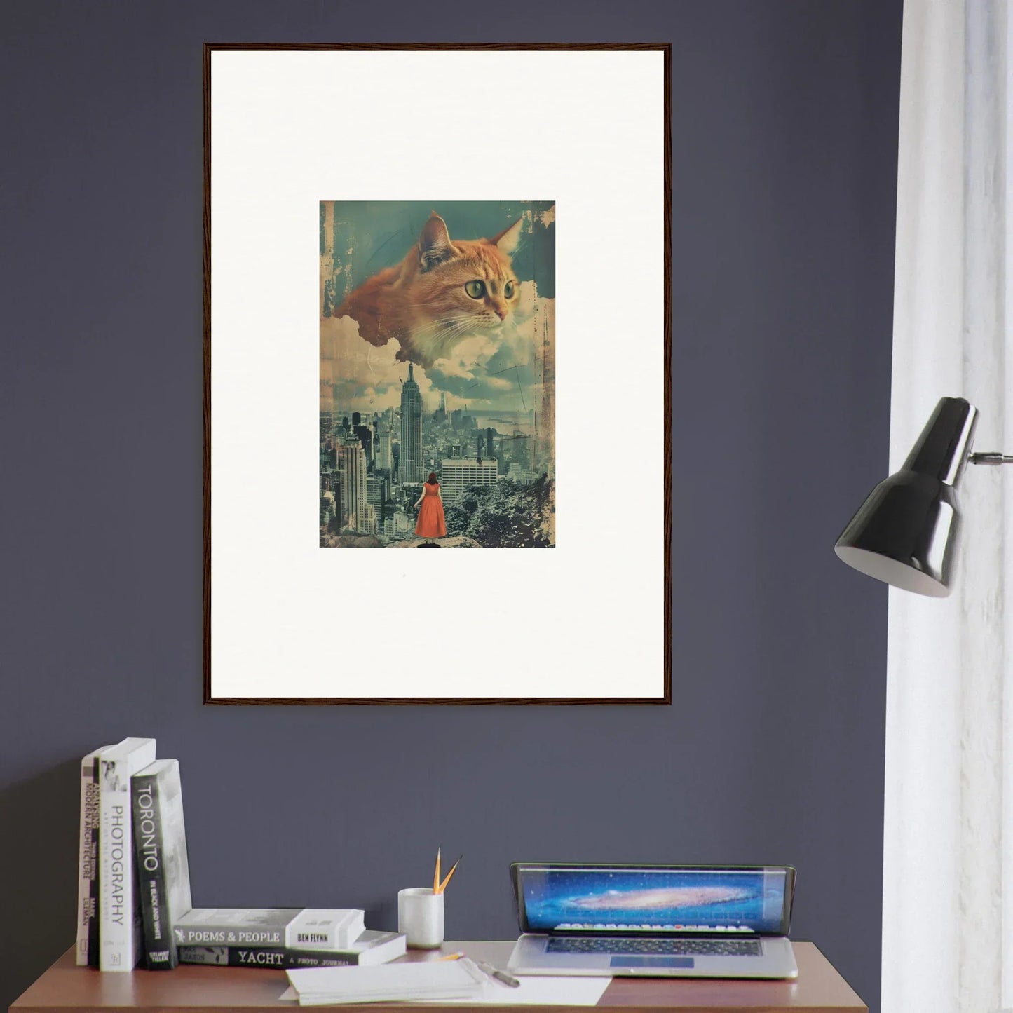 Framed surrealist artwork of a giant cat head over a cityscape, unique room decor