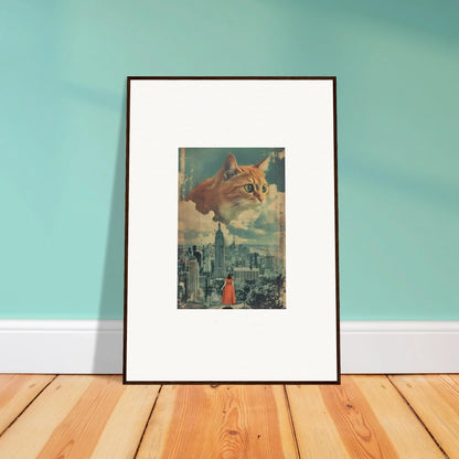 Framed wall art of surreal cat visions over a cityscape with a red figure