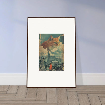 Framed wall art of surreal cat visions over a cityscape for unique room decor