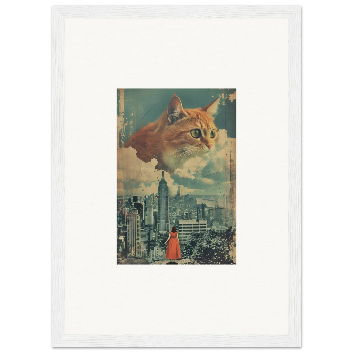 Ginger cat’s face above a cityscape, perfect for cat visions room decor framed wall art