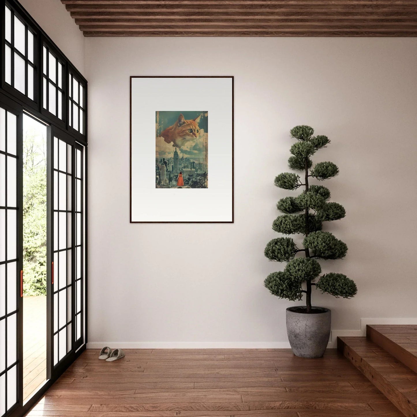 Framed wall art of a deer in a surreal landscape for unique room decor and cat visions