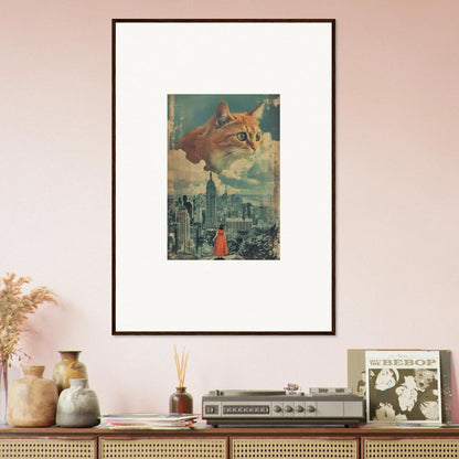 Framed wall art of a surreal cat vision above a cityscape for unique room decor