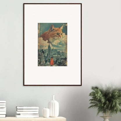 Framed wall art of a giant cat face above a cityscape, perfect for unique room decor