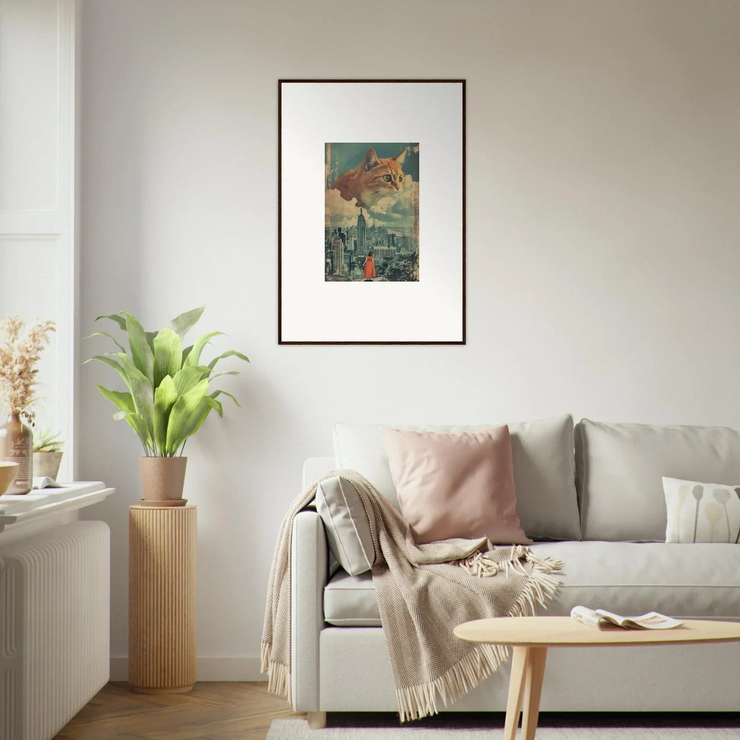 Framed vintage-style wall art of a fish flying above a cityscape for unique room decor