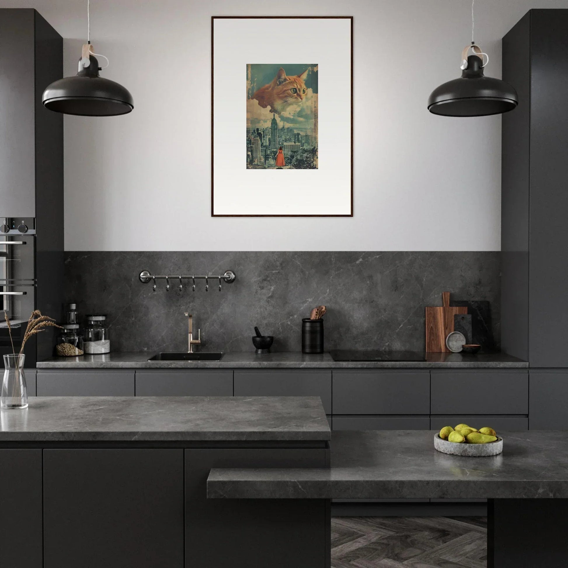 Modern kitchen with dark cabinetry, concrete countertops, and Cat Visions framed wall art