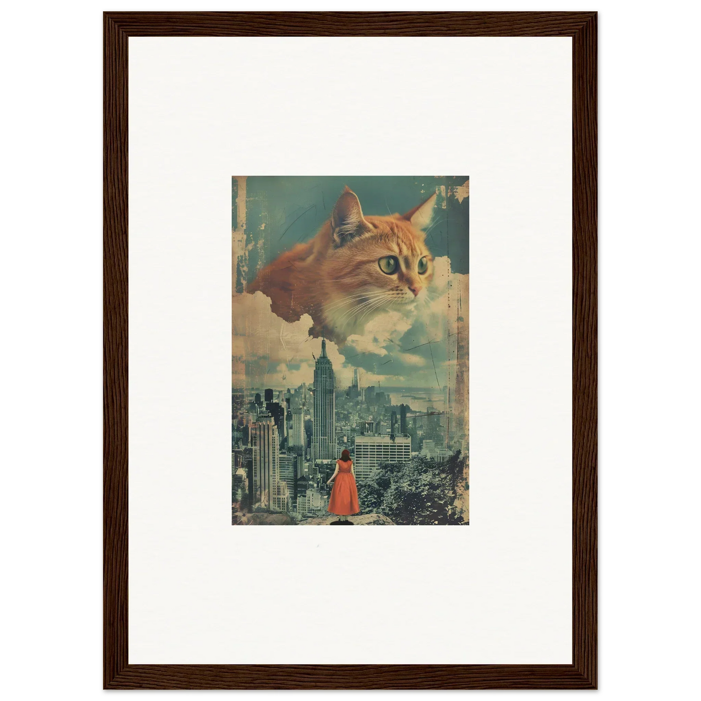 Giant cat head floating above cityscape for unique cat visions room decor art