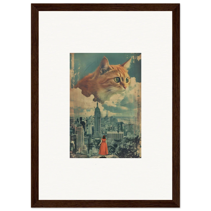 Giant cat head floating above cityscape for unique cat visions room decor art